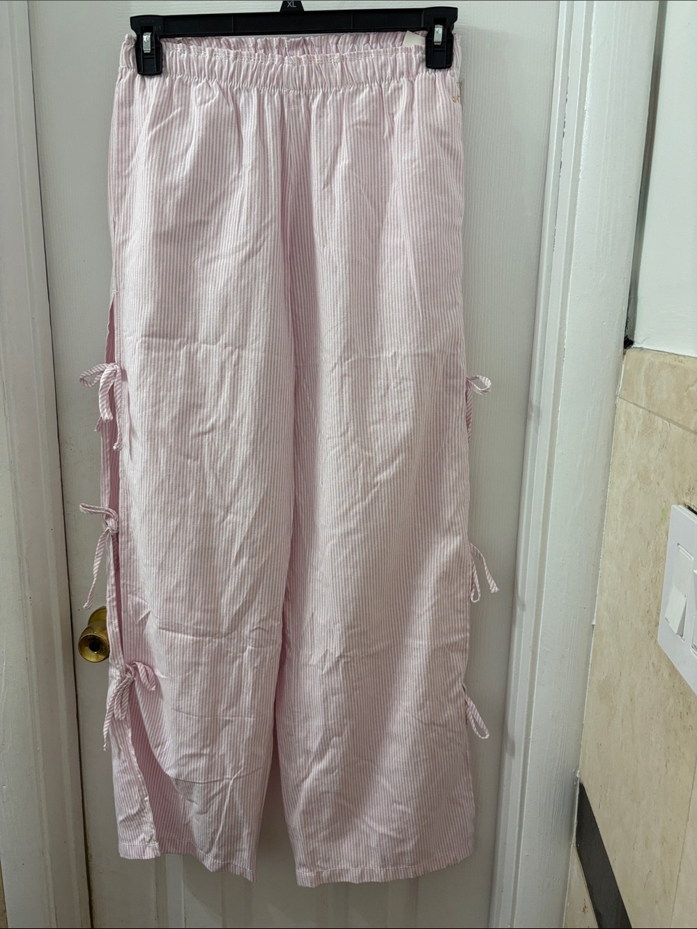 Pink Seersucker Lounge Pants with Side Ties